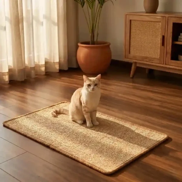 Durable natural sisal cat scratching mat placed flat on the floor to prevent furniture scratching.
