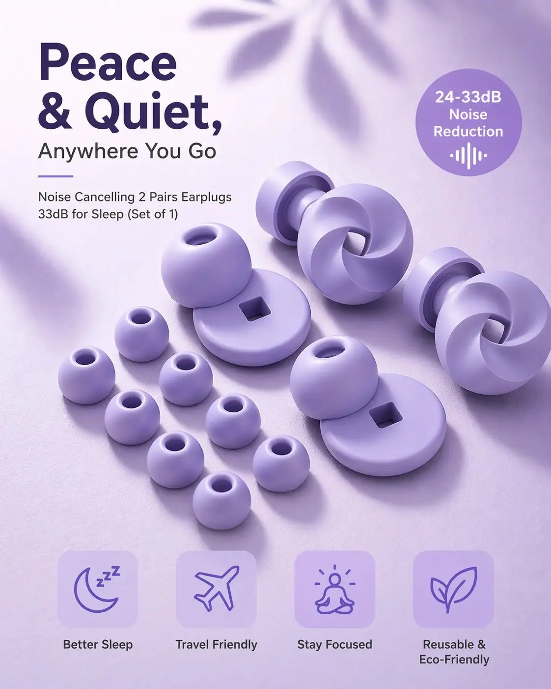 Noise Cancelling 2 Pairs Earplugs-33dB for Sleep