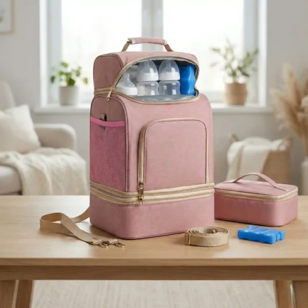 Woman using an organized, insulated breast pump bag for portable storage of nursing equipment.