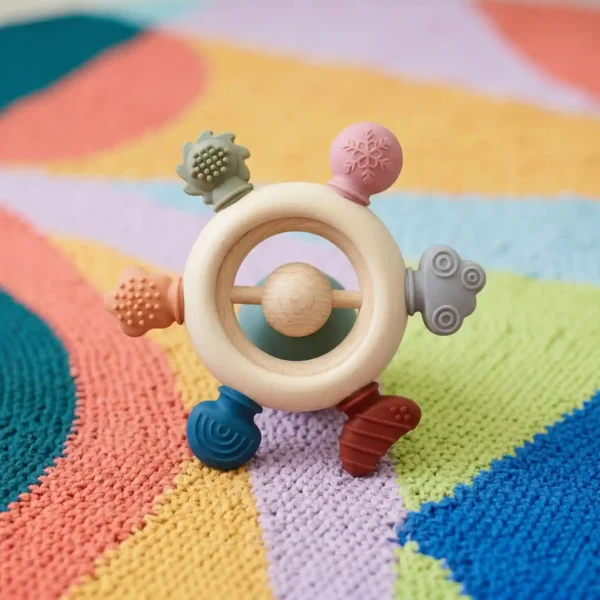 Safe silicone baby teether showing flexible, food-grade material for infant gum relief.