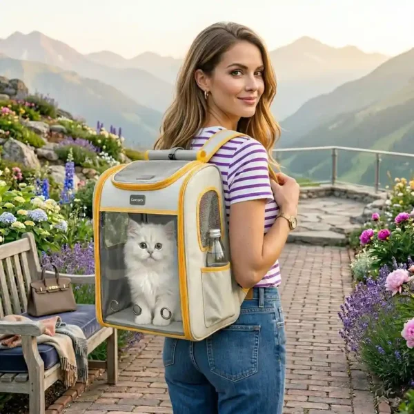 A transparent cat carrier designed for clear visibility and secure pet travel.