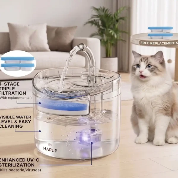 Automatic Cat Water Fountain with Water Level Window & Filter System