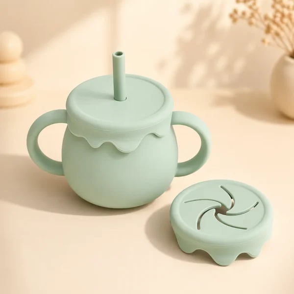 A durable, spill-proof silicone baby sippy cup designed with handles for toddler transition feeding.