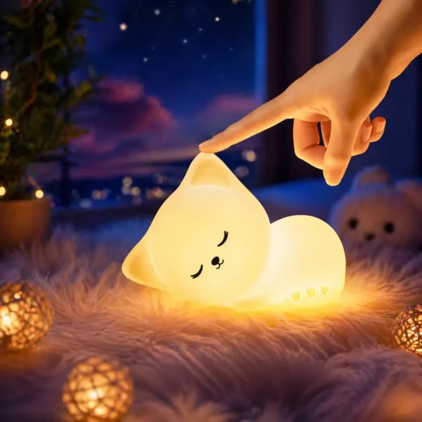 Squishy silicone cat night light emitting a warm LED glow on a child's bedside table.