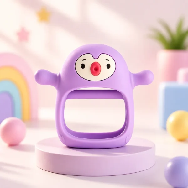 Light grey penguin baby teething toy made of soft silicone for infants