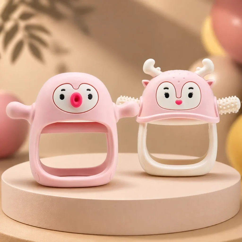 A soft, food-grade silicone teething mitten designed for infants, featuring a textured surface for gum relief.
