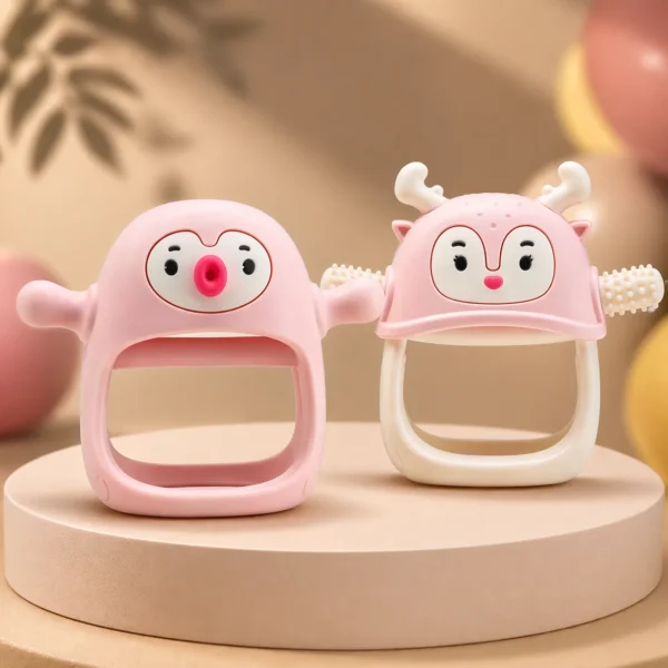 A soft, food-grade silicone teething mitten designed for infants, featuring a textured surface for gum relief.