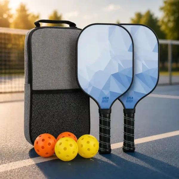 Professional pickleball paddle with textured surface and ergonomic handle grip
