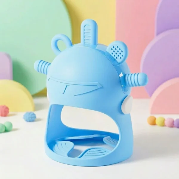 A wearable silicone mitten teether designed for infants