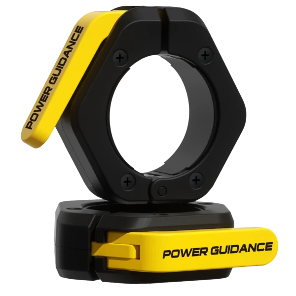 Heavy-duty quick release Olympic barbell collars locked securely onto a professional two-inch weightlifting bar sleeve.